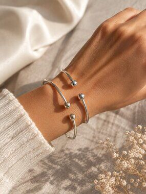 925 Silver Open Cuff Bracelet Set Minimalist Ball End Bangle Stack”